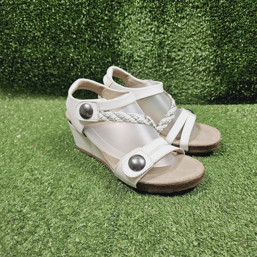 Aetrex Naya White Silver Braided Quarter Strap Wedge Sandal Womens 36 Size 6.5
